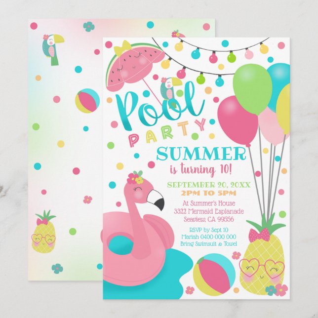Pool Party Invitation Girl Flamingo Float Pool (Front/Back)