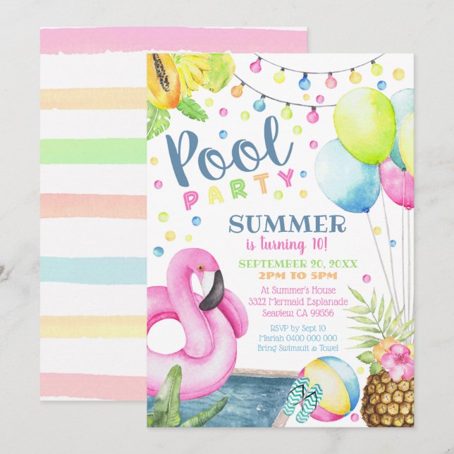 Pool Party Invitation Girl Flamingo Watercolor (Front/Back)