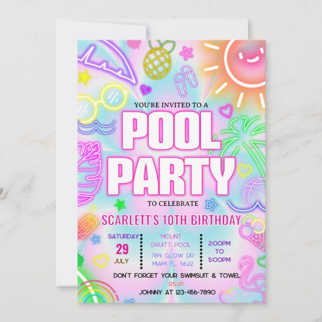 pool party invitation, Glow neon Tropical PTD01 Invitation (Front)