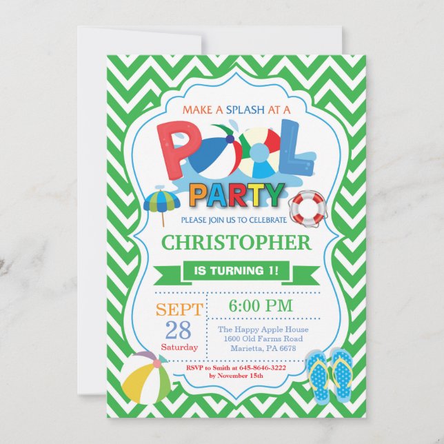 Pool Party Invitation Green Splish Splash Boy (Front)