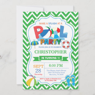 Pool Party Invitation Green Splish Splash Boy