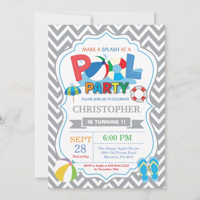 Pool Party Invitation Grey Splish Splash Boy (Front)