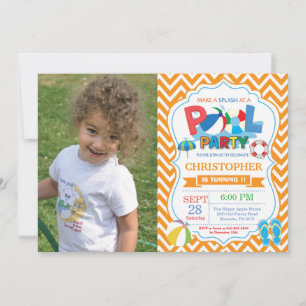 Pool Party Invitation Orange Splish Splash Boy
