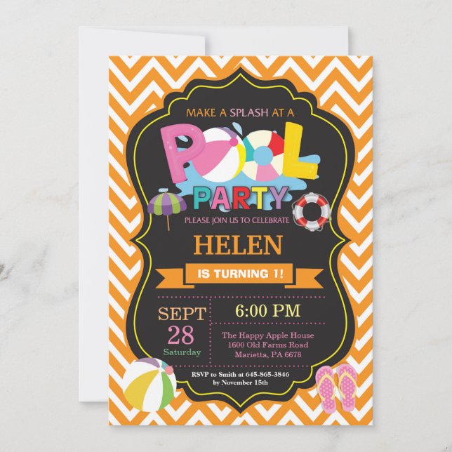 Pool Party Invitation Orange Splish Splash Girl (Front)