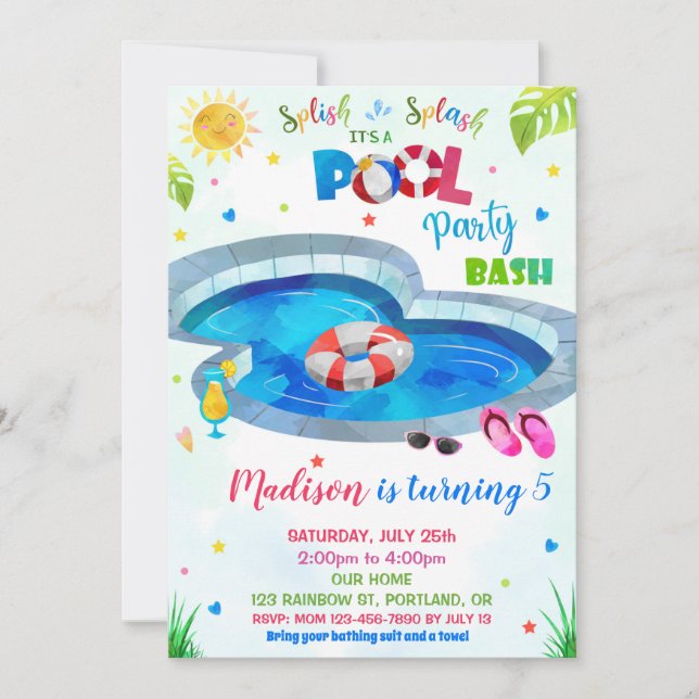 Pool party invitation Pool birthday invitation (Front)