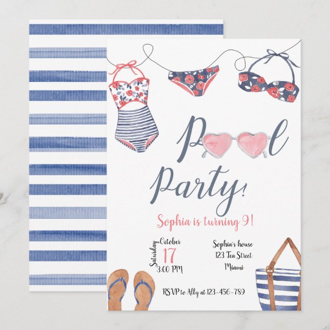 Pool Party Invitation, Pool Party Invite (Front/Back)