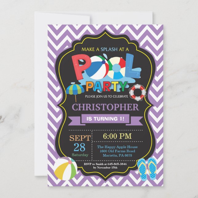 Pool Party Invitation Purple Splish Splash Boy (Front)