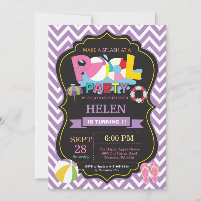Pool Party Invitation Purple Splish Splash Girl (Front)