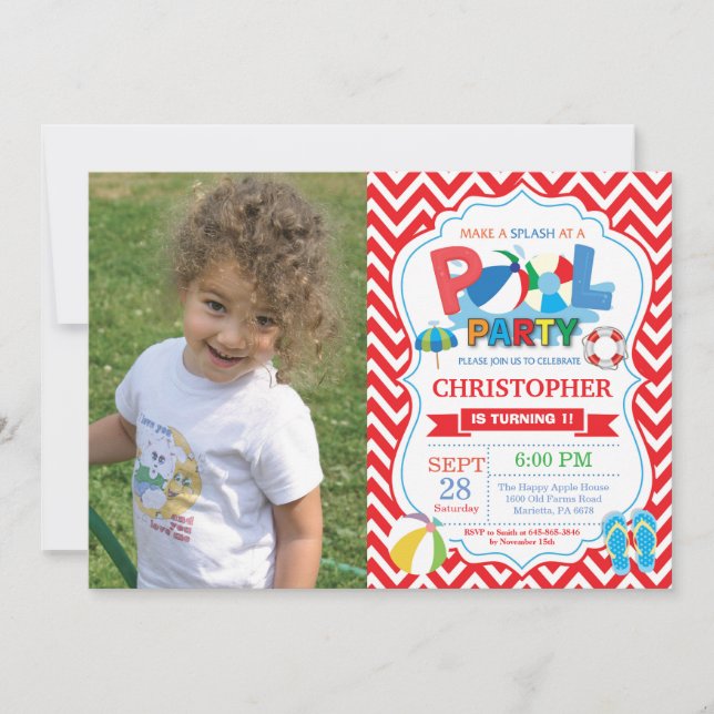 Pool Party Invitation Red Splish Splash Boy (Front)