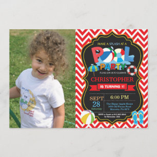 Pool Party Invitation Red Splish Splash Boy