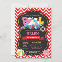 Pool Party Invitation Red Splish Splash Girl