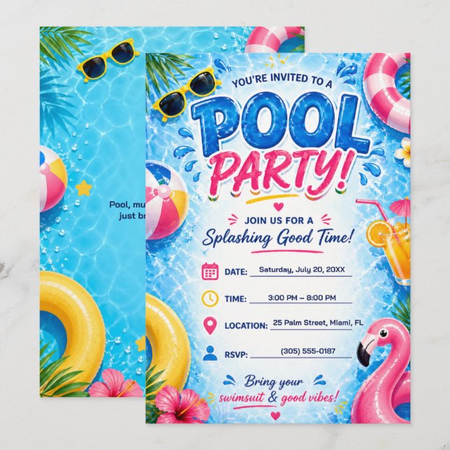 Pool Party Invitation Summer Fun Bright Tropical  (Front/Back)