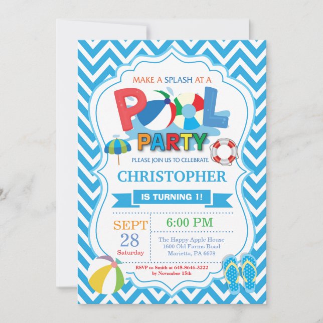 Pool Party Invitation Summer Splish Splash Boy (Front)