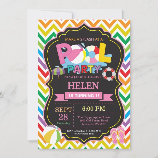 Pool Party Invitation Summer Splish Splash Girl (Front)