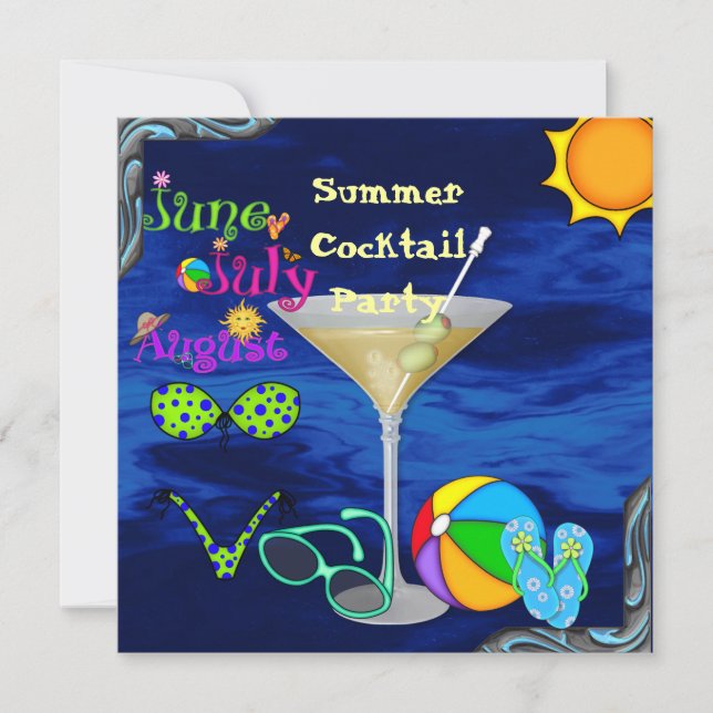 Pool Party INVITATION with Cocktails,Sunglass (Front)