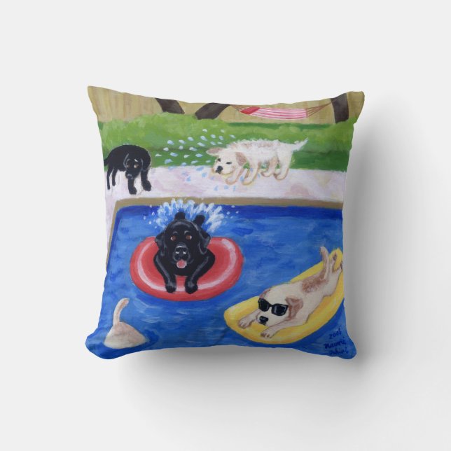 Pool Party Labradors Fun Painting Cushion (Front)