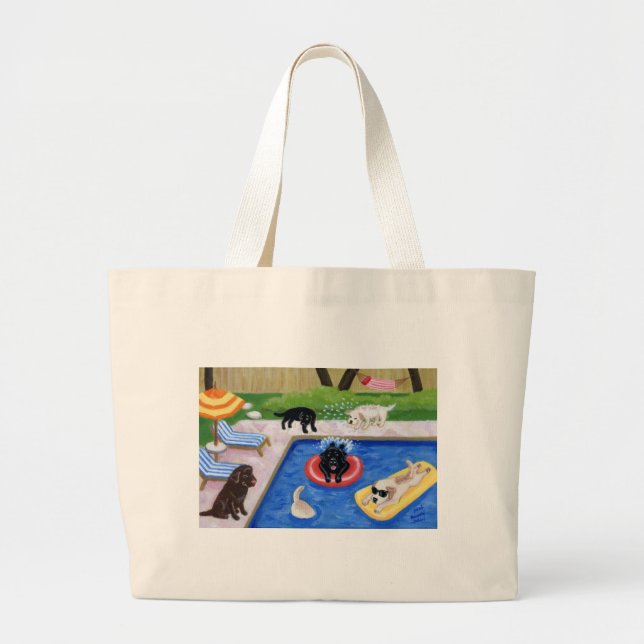 Pool Party Labradors Fun Painting Large Tote Bag (Front)
