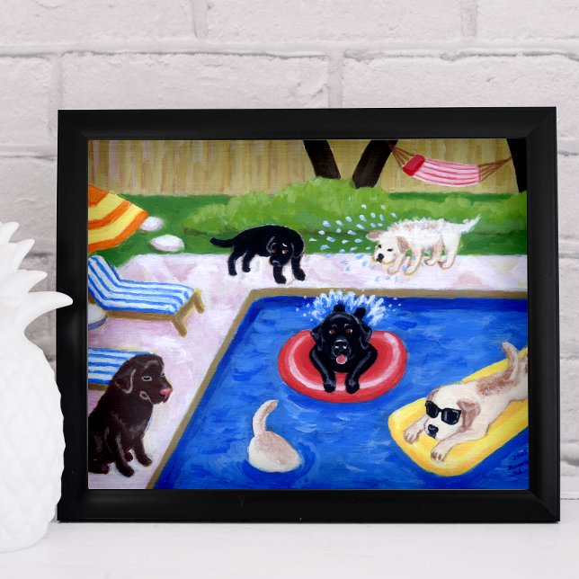 Pool Party Labradors (new) Artwork Poster (Pool Party Labradors Poster for Labrador Owners, Beach House.  Whimsical Lab artwork for poolside.)