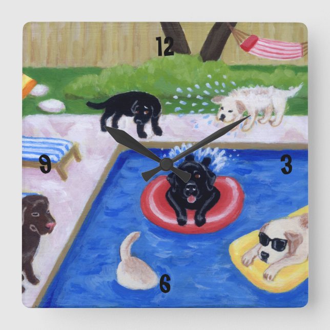 Pool Party Labradors Painting Square Wall Clock (Front)
