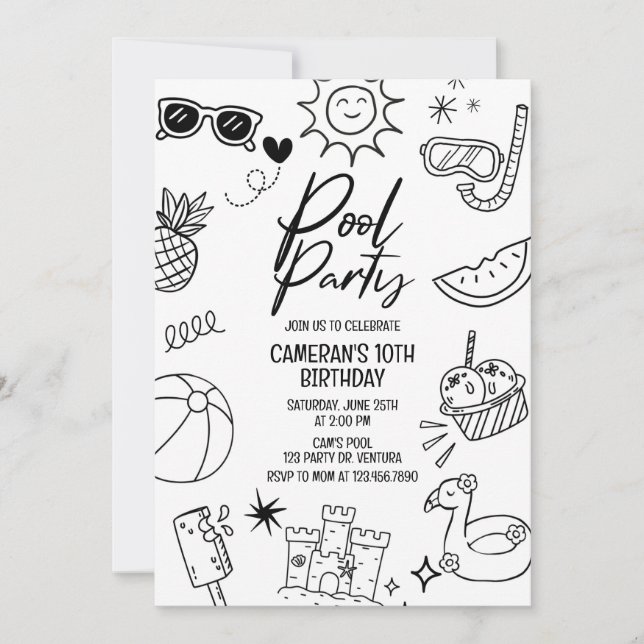 Pool Party, Modern, Any Age, Beach Party, Black an Invitation (Front)