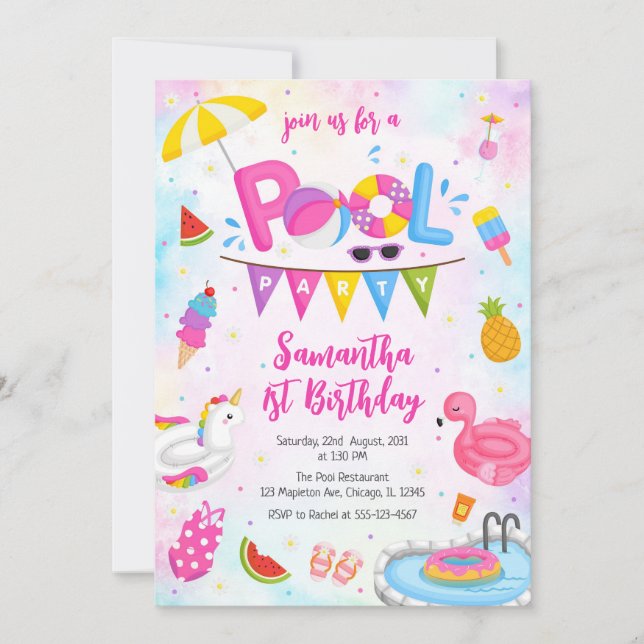 Pool Party | Modern Summer Themed Birthday Party Invitation (Front)