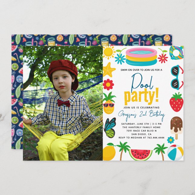 Pool Party | Modern Summer Themed Birthday Party Invitation (Front/Back)