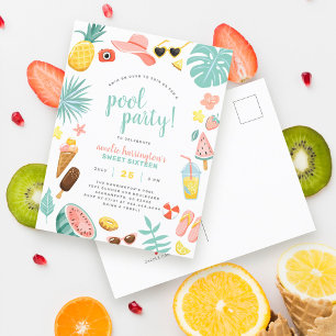 Pool Party Modern Summer Themed Birthday Party Invitation Postcard