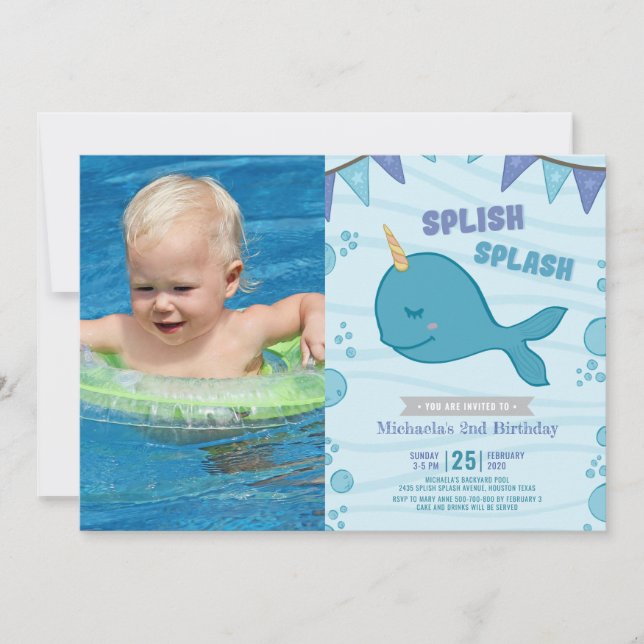 Pool party narwhal birthday photo invitation (Front)