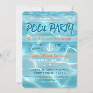 Pool Party Nautical Summer Aqua Orange and White Invitation
