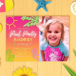 Pool Party Neon Pink Invitation with Picture