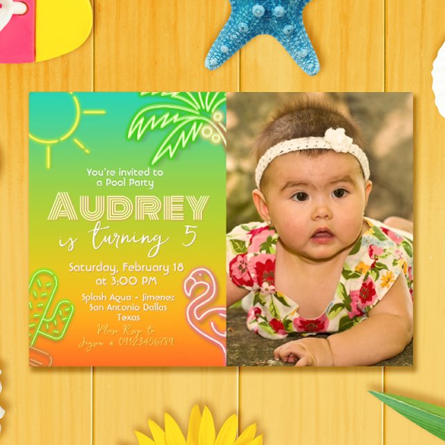 Pool Party Neon - Tropical - Aloha Invitation (Pool Party Tropical Neon Landscape Invitation with Photo)