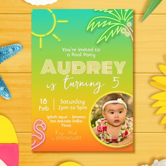 Pool Party Neon - Tropical - Aloha with Picture Invitation (Pool Party Tropical Neon Invitation with Photo)
