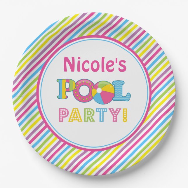 Pool Party Paper Plates, Girl Pool Party Decor Plate (Front)