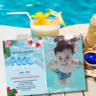 Pool Party Photo, fun Summer Birthday Invitation