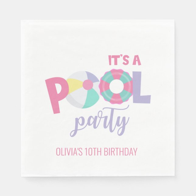 Pool party Pink and Purple Birthday Napkin (Front)