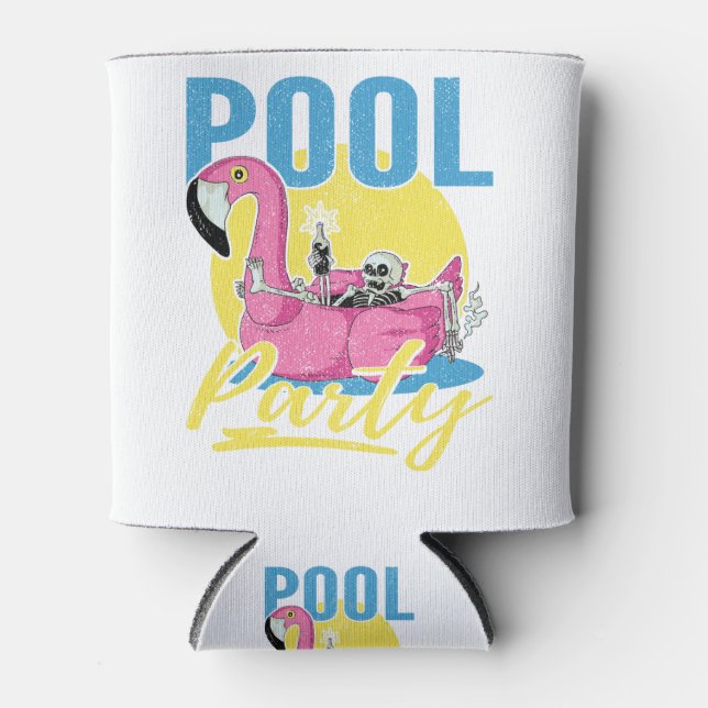Pool Party Pink Flamingo Skull Can Cooler (Front)