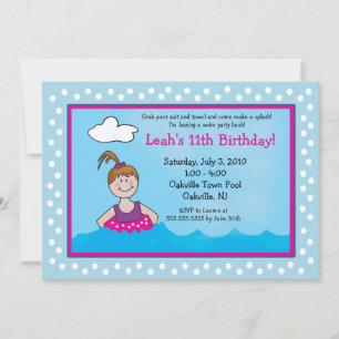 POOL Party Ponytail Girl 5x7 Birthday Invitations