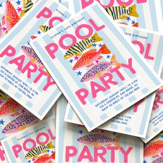 Pool Party Preppy Summer Birthday Trendy Fish Invitation