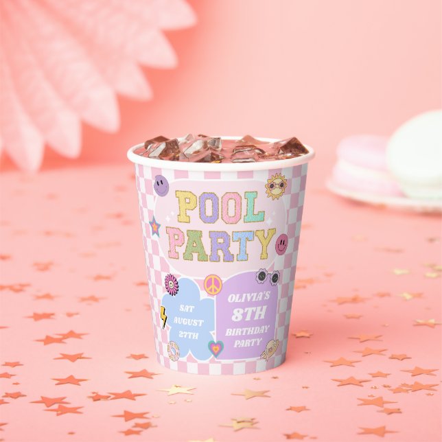 Pool Party Preppy Varsity Patch Birthday Party Paper Cups (Insitu)