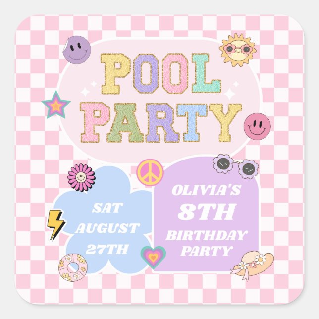Pool Party Preppy Varsity Patch Birthday Party Square Sticker (Front)