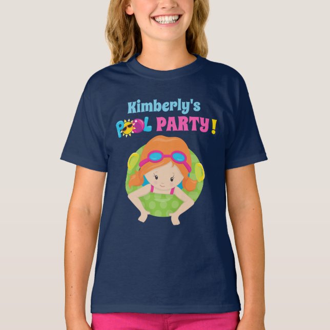 Pool Party Redhead Birthday Girl Cute Custom T-Shirt (Front)