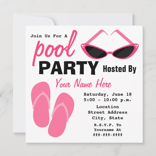 Pool Party - Retro Cat Eye Sunglasses & Flip Flops Invitation (Front)