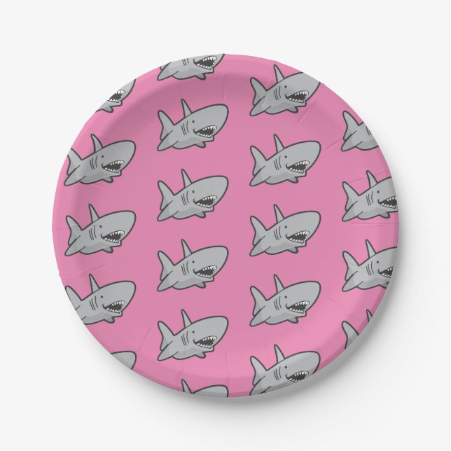 Pool Party Shark Birthday Pink Paper Plates (Front)
