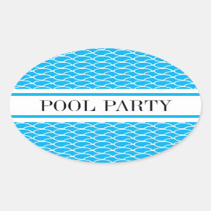 POOL PARTY Sky Blue White Waves Racing Stripes Oval Sticker