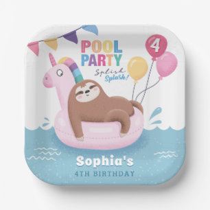 Pool Party Sloth with Balloons Summer Birthday Paper Plate