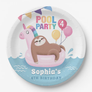 Pool Party Sloth with Balloons Summer Birthday Paper Plate