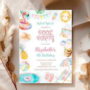 Pool Party Splish Splash Summer Beach Birthday Invitation