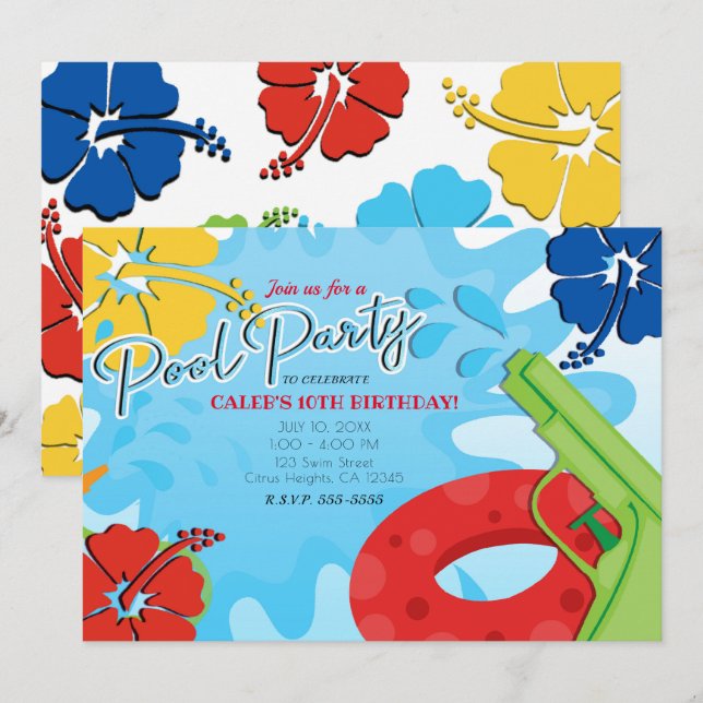 Pool Party Squirt Gun Water Fun Summer Hibiscus Invitation (Front/Back)