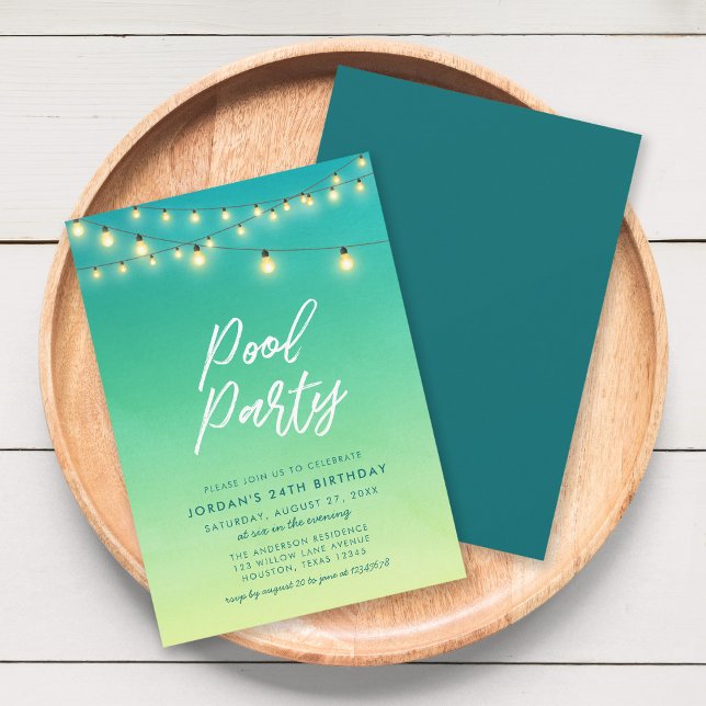 Pool Party Strings of Lights Watercolor Sea Glass Invitation (Creator Uploaded)