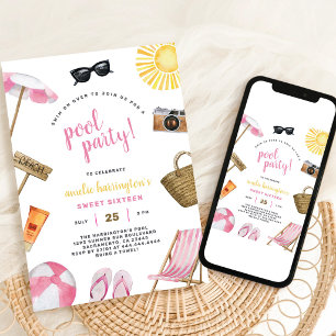 Pool Party Summer Beach Birthday Invitation